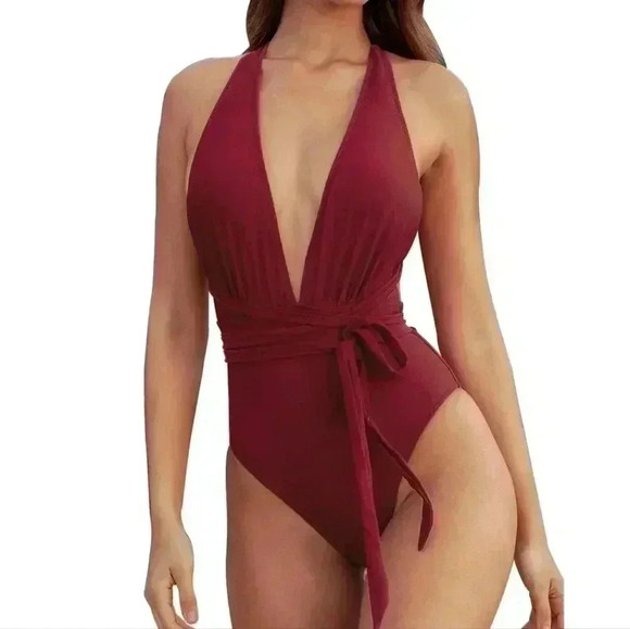 Cupshe Women's Burgandy One Piece Swimsuit Deep V Neck Self Tied Belt Bathing - Picture 1 of 4